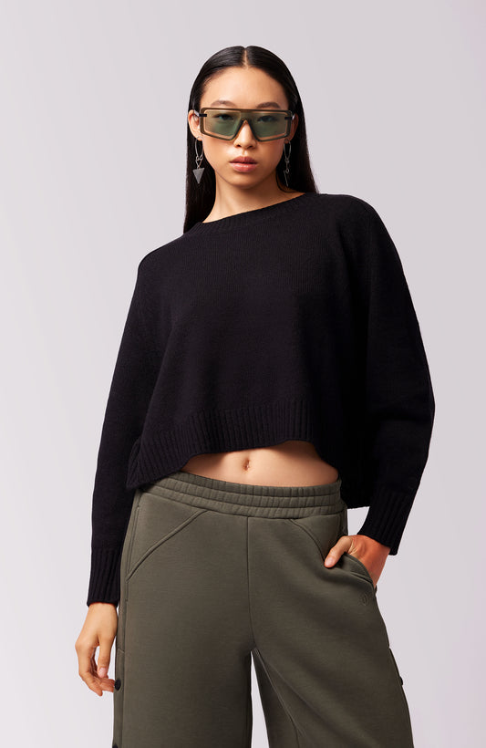 AMARA CASHMERE LONG SLEEVE CROP TOP BLACK